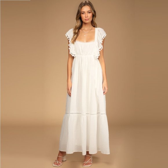 NWT Lulu’s White Swiss Dot Tie-Back Maxi Dress Size Small - Picture 1 of 9